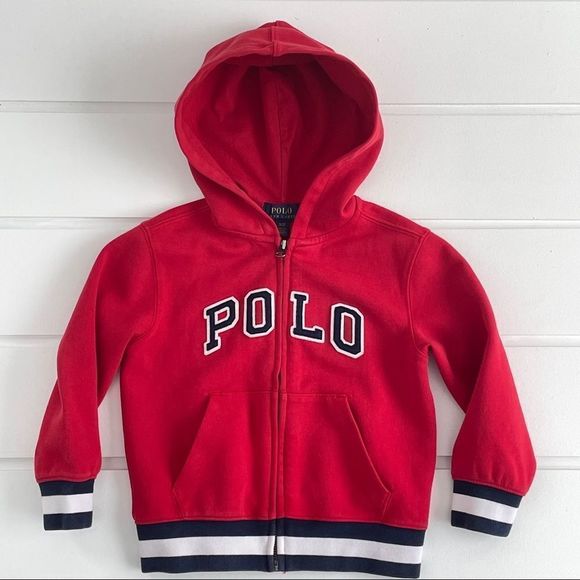 Polo By Ralph Lauren Red Full Zip Hoodie W/ Contrast Navy Ribbed Cuffs & Hemline